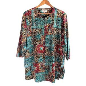 Vintage Adrianna Papell Turquoise Blue Red Gold Scroll Print Silk Cardigan